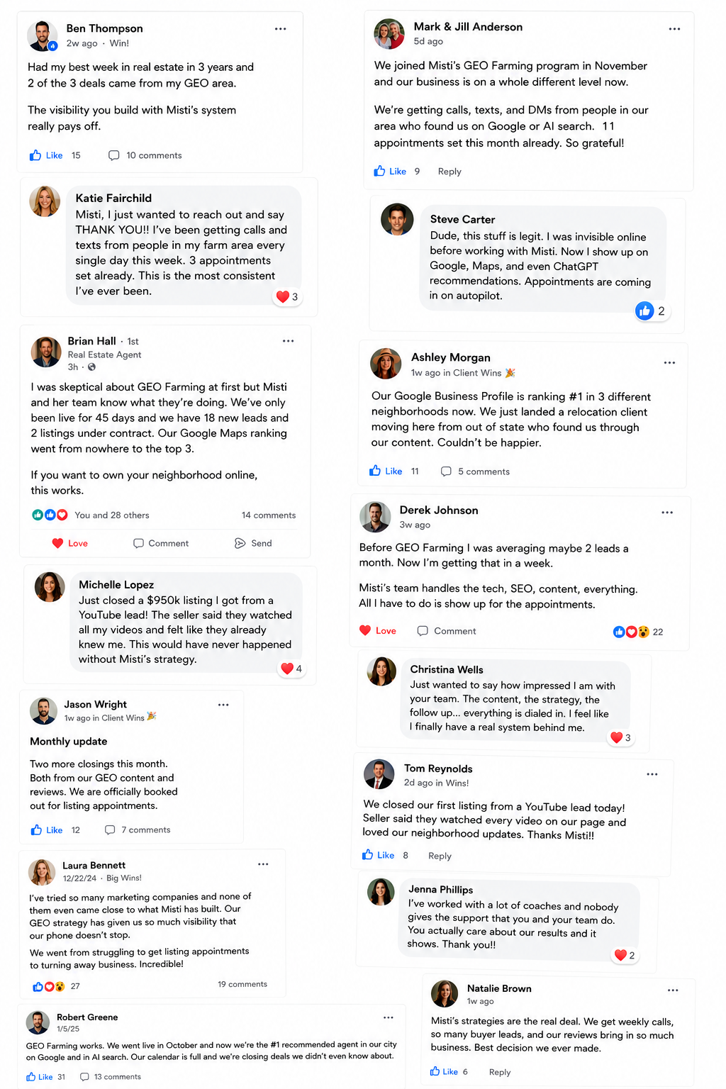 Screenshots of agents sharing GEO Farming results with Misti